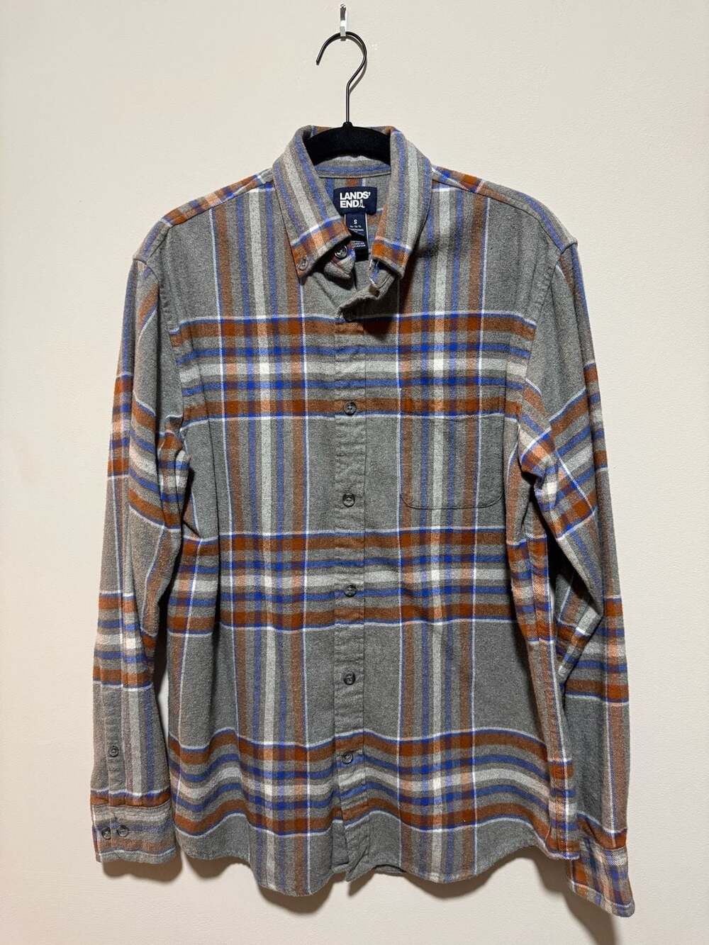 Lands’ End Men’s Flannel Shirt Small Gray Brown Blue Plaid 100% Cotton